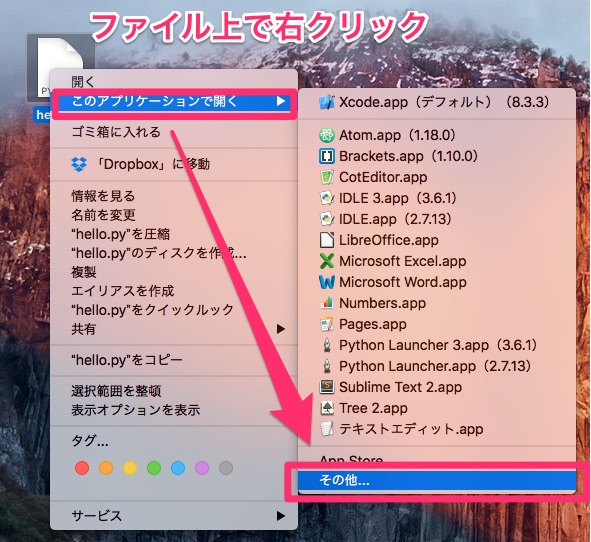「右クリック」→「このアプリケーションで開く」→「その他」