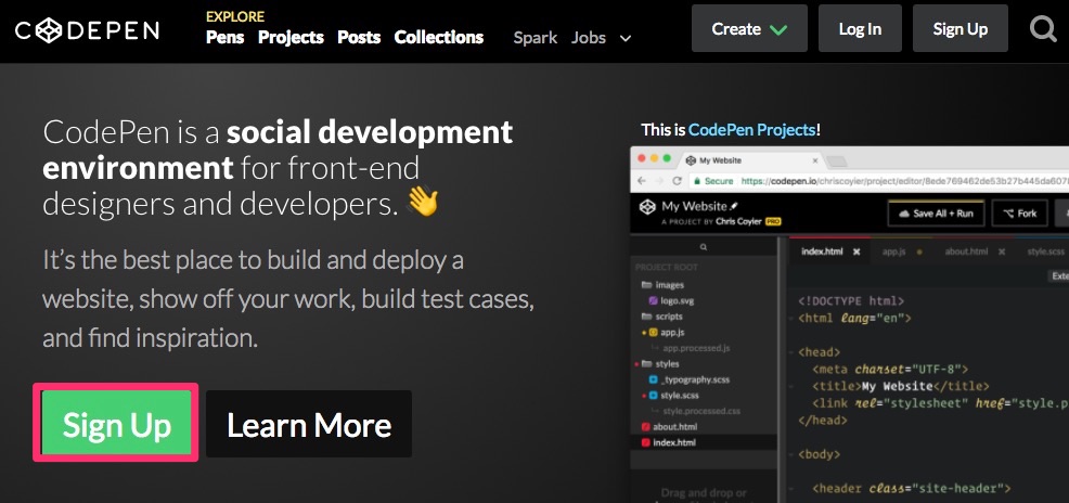 CodePenにアクセスし、「Sign Up」（サインアップ）