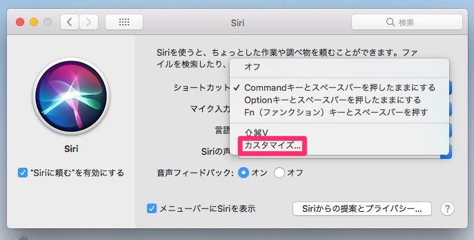 「ショートカット：」のプルダウンメニューの中から「カスタマイズ」を選択