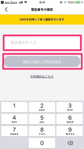 「電話番号」を入力し「規約に同意してSMSを送る」をタップ