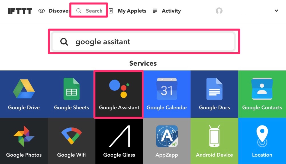 「Search」タブ >「Google assistant」で検索 >「Google assistant」を選択